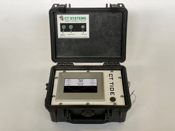 CT-Tide rugged tide gauge in its Peli case with touchscreen display